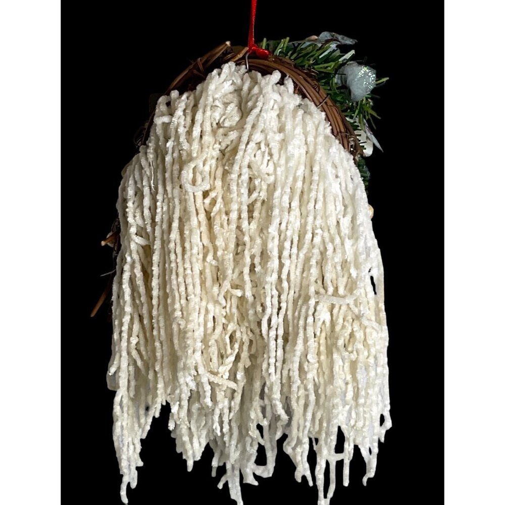 Vtg. Handmade Santa Claus Face Christmas Wreath Decor White Flowers Yarn Beard - Picture 3 of 6